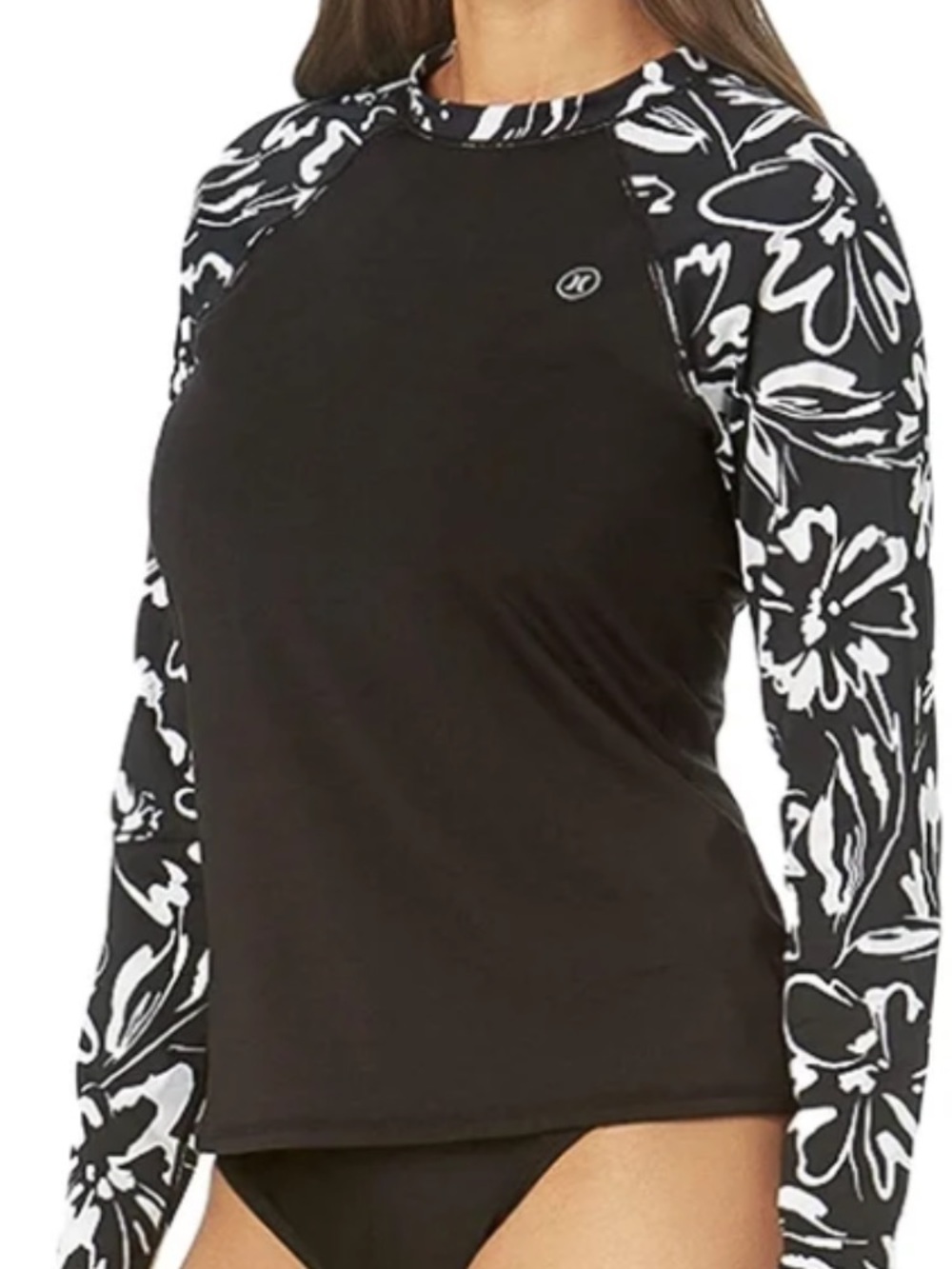 wonder nation Black Rash Guard with White Floral Sleeves